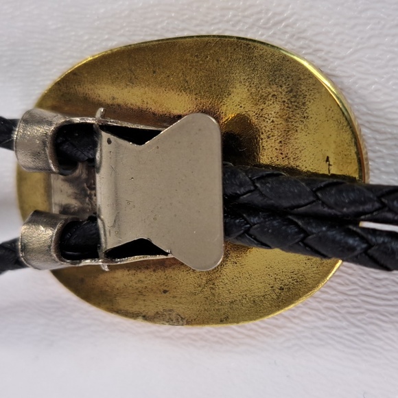 Vintage Buffalo Head Inlay Exotic Wood Brass Bolo With Turquoise Eyes - Picture 5 of 12